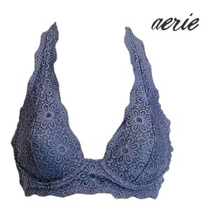 NWOT Aerie - 34A Unlined Plunge Halter Bra - Vintage Style Floral Lace Overlay
